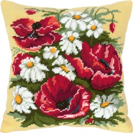 Poppies and Daisies. Needlepoint Kit. Throw Pillow 16×16 Inches. Printed Tapestry Canvas, European Quality