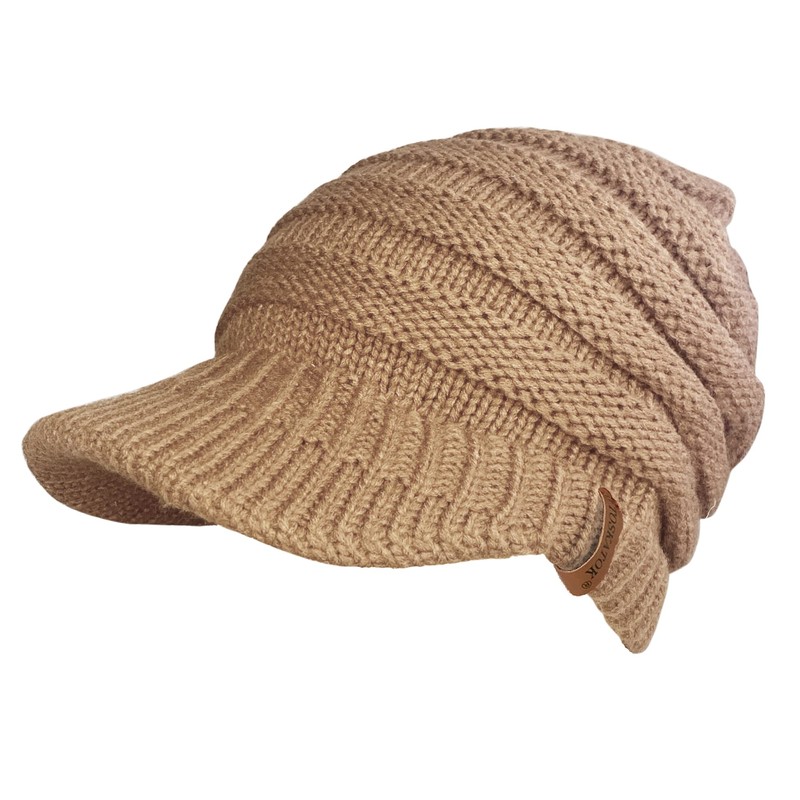 Ladies Slouchy Peaked Ponytail Messy Bun Knitted Beanie Hat Cap-Camel