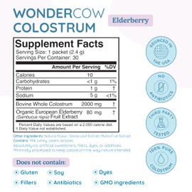 WONDERCOW Colostrum Supplement Powder for Gut Health, Immune Support & Wellness | Natural IgG Pure Whole Bovine Colostrum Superfood, Elderberry, 30 Servings