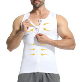 PODFAN Mens Compression Shirt Zipper, Gynecomastia Tummy Control Vest, Back Support Shapewear Slimming Undershirt(White,Large)