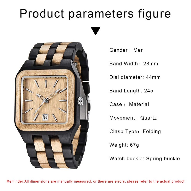 Dentily Wood Watch Rectangle Dial Wooden Watches for Men Quartz