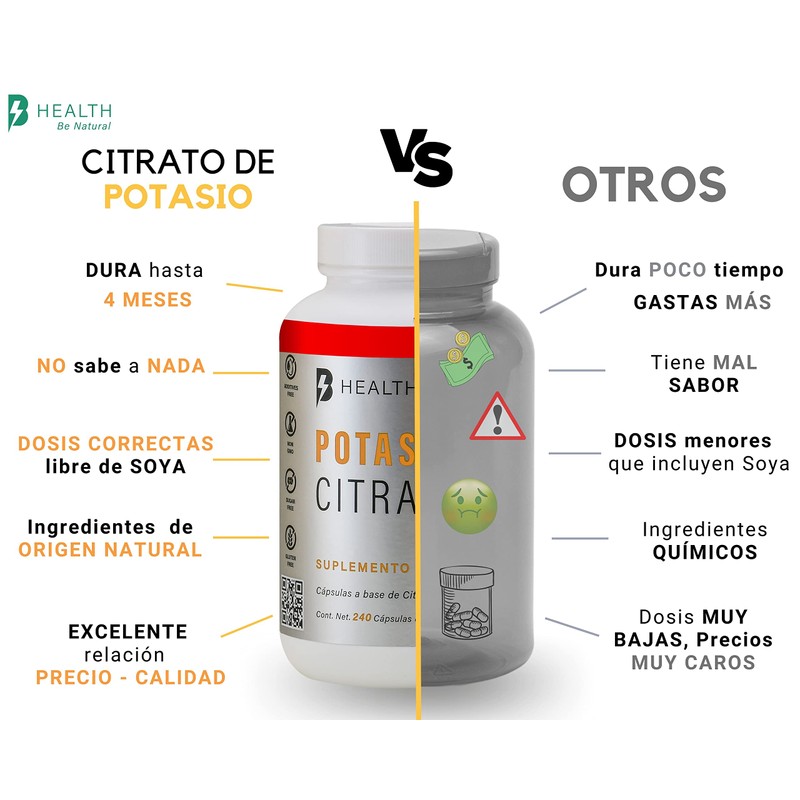 Citrato de potasio, 100% NATURAL, B Health Be Natural, Sin
