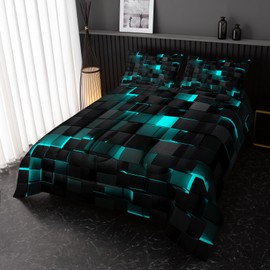 Neon Turquoise Black Comforter Set Queen Geometric Kids Bedding Set,3 PCS Geometry Honeycomb Bed Set Modern Quilt Set 1 Comforter 2 Pillow Cases Cool Room Decor All Season B-Side Black