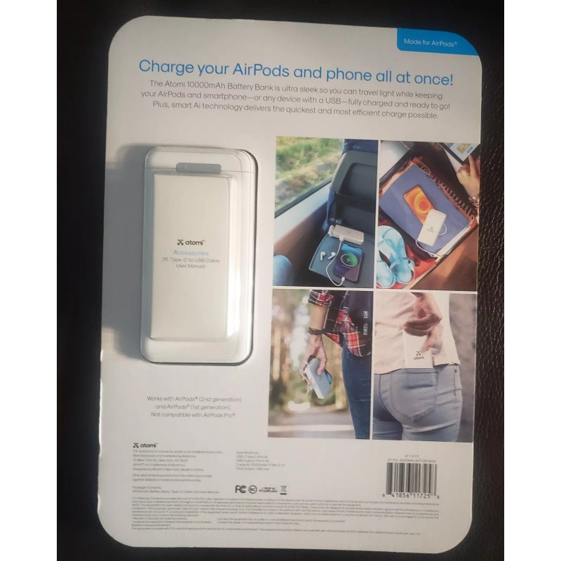 Atomi 10000mAh Battery Bank Built-in AirPods Charge Case & Smart