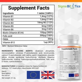 SigmaBiotics 8 B Complex Vitamins, B12, Vitamin C - Folic Acid, Biotin, Choline, Magnesium, B1, B2, B3, B5, B6 Vitamins - Vegan & Gluten Free - 90 Tablets - One Per Day - 3 Months Supply