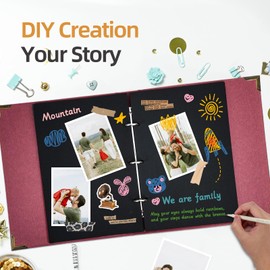 Vienrose DIY Scrapbook Photo Album Kit with Pens Tapes and Stickers 60 Pages Hardcover 8.5x11 Inches 3 Rings Removable Black Paper Scrapbooking for Lover Friends Kids Wedding Red