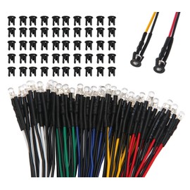 Lyeteung 50 PCS 3mm 12V Prewired LED Diodes Light, White Red Yellow Blue Green, 20cm Prewired LED Light Emitting Diode + 50 PCS 3mm Plastic LED Holder