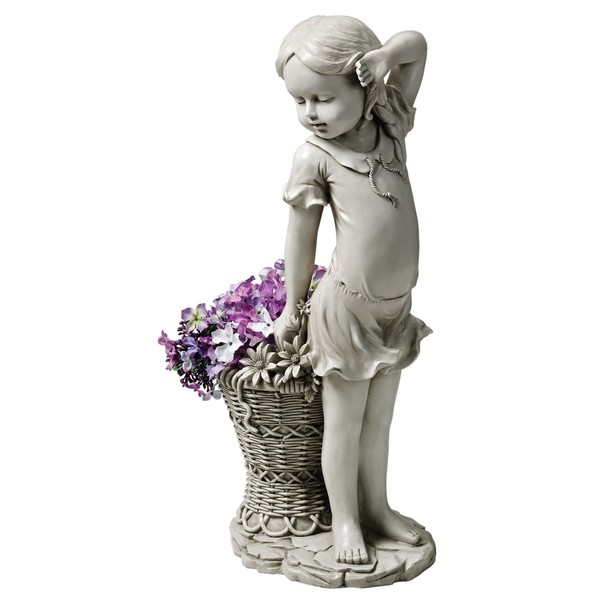 Design Toscano EU9294 Frances The Flower Girl Outdoor Garden Statue with Planter, 21 Inch, Antique Stone