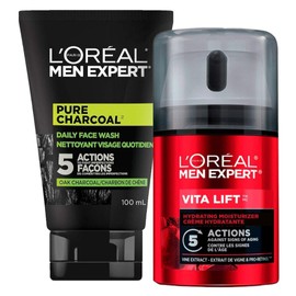 L’Oréal Paris Daily Face Wash + Hydrating Face Cream Kit, Men Expert Skincare, Pure Charcoal Face Wash, Removes Impurities and Reduces Blackheads & Vita Lift Face Cream, Duo Pack