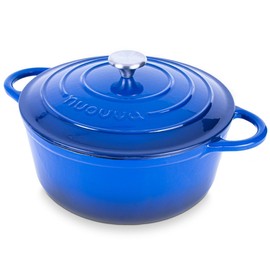 Nuovva Enamelled Cast Iron Dutch Oven Pot with Lid – 6.4 Quart Non Stick Casserole Pot – Heavy Duty & Oven Safe up to 500° F for Bread Baking, Braising, Stews, Roasting – 28cm Dark Blue