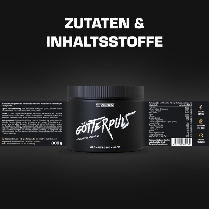 OS NUTRITION Götterpuls Premium Pre Workout Orange, Powder, 308 g