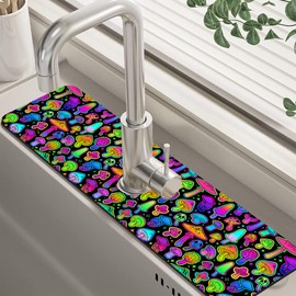 Bright Psychedelic Mushroom Kitchen Sink Splash Guard Mat Absorbent Fast Drying Mat Faucet Draining Mat Sink Splash Guard Behind Faucet Drip Catcher for Kitchen Bathroom 5.5"×24"