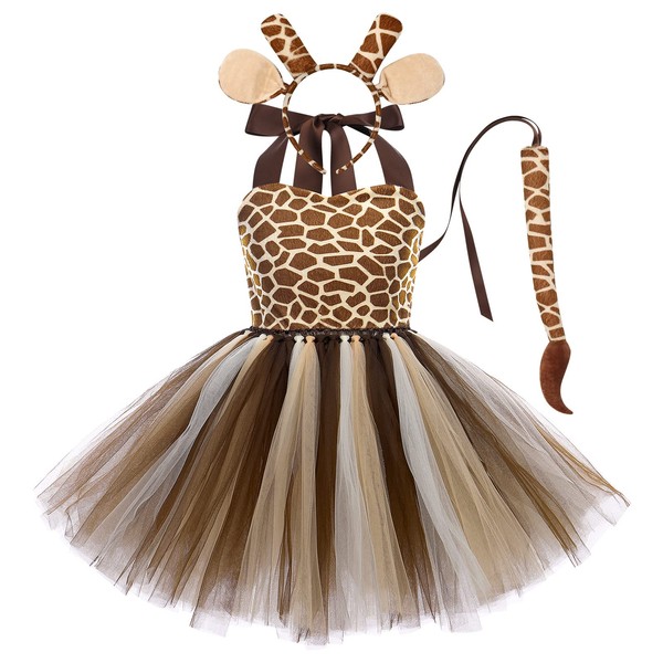 Kid Baby Girls Animal Cosplay Costume Princess Fancy Dress Up Cow Tiger Leopard Giraffe Tulle Dress with Headband Tail 3PCS Halloween Christmas Carnival Outfit Brown-Giraffe 5-6 Years