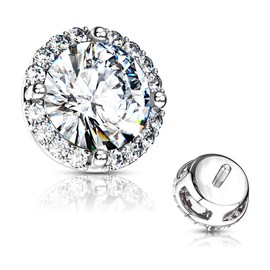 FIFTH CUE 14G Round Prong Set CZ Center w/CZ Around 316L Surgical Steel Internally Threaded Dermal Top (Clear)