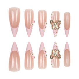 QQPPOLIU Almond Shape Press on Nails Long Length with Flower and Butterfly Design French Tip Fake Nails Nude Full Cover Nails Gift Set 24 PCS for Women and Girls