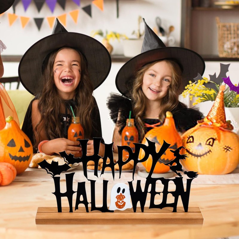 Metal Happy Halloween Sign Halloween Table Decor with Wooden Base