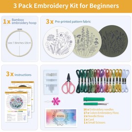 QUANMAITONG Embroidery Set Adults, Floral Pattern Plants Embroidery Set for Beginners Embroidery Kit Embroidery Set, Stick And Poke Set Embroidery Pictures Adult Embroidery Hoop Wood DIY Set, Cross