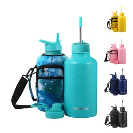 FAHRMOSIS 64 Oz Insulated Water Bottle with Strap Stainless Steel Sports Water Bottle with 3 Lids (Straw, Chug and Flip Lid) Leak Proof Metal Half Gallon Jug for Men & Women - Teal