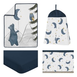 Sweet Jojo Designs Woodland Bear and Owl Baby Boy Girl Nursery Crib Bedding Set - 4 Pieces - Navy Blue, Grey, Gold and Black Celestial Moon Star Watercolor Forest