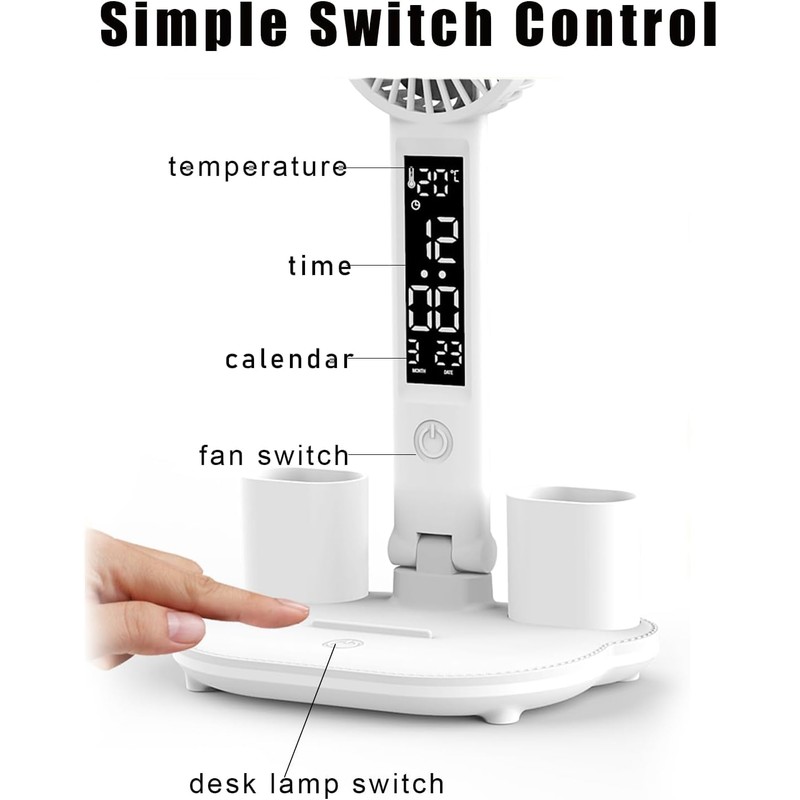 LED Desk Lamp Light with 2 Pen Holders, Time, Date,