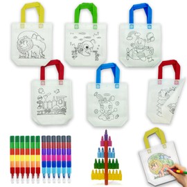ICEPAPA, Pack of 6 fabric bags for painting for children and 12 pieces stackable wax crayons (total 12 colours), perfect for party bags, children's birthday parties and craft set children's birthday
