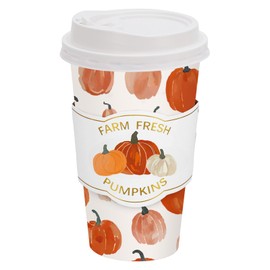 Whaline 50 Sets Fall Pumpkin Coffee Cups with Lids and Sleeves 16oz Pumpkin Paper Cup Disposable To Go Coffee Cup for Autumn Thanksgiving Party