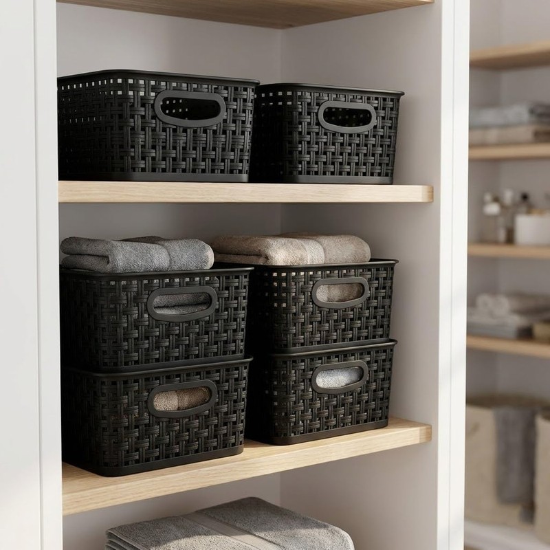 8 Pack Black Storage Baskets, Plastic Woven Organizer Baskets, Stackable