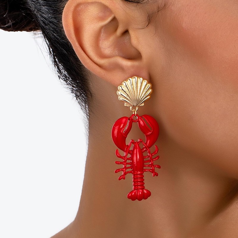 Nautical Seashell and Red Lobster Dangle Earrings, Gold-Tone Statement Jewelry,