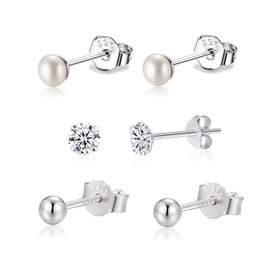 SILBERTALE 925 Sterling Silver Earrings Set 3 Pieces 3-5 mm Tiny Ball CZ Pearl Stud Earrings Cartilage Stud Earrings for Women, No Gemstone