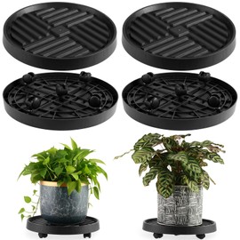 KvyusFlourish 4 Packs 9 Inch Plant Caddy with Wheels Rolling Plant Stand with Wheels Plant Dolly with Drain Tray Outdoor Big Plant Holder Plant Roller Cart, Black