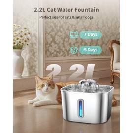 Cat Water Fountain Stainless Steel, 2.2L/74oz Cat Fountain with Quiet Pump, Automatic Pet Water Dispenser, Ideal for Multi-pet Homes, Fresh & Clean Water for Cats and Dogs