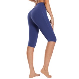 BALEAF Leggings capri de algod n hasta la rodilla con bolsillos, cintura alta, casual, verano, yoga, entrenamiento, ejercicio, Azul oscuro, L