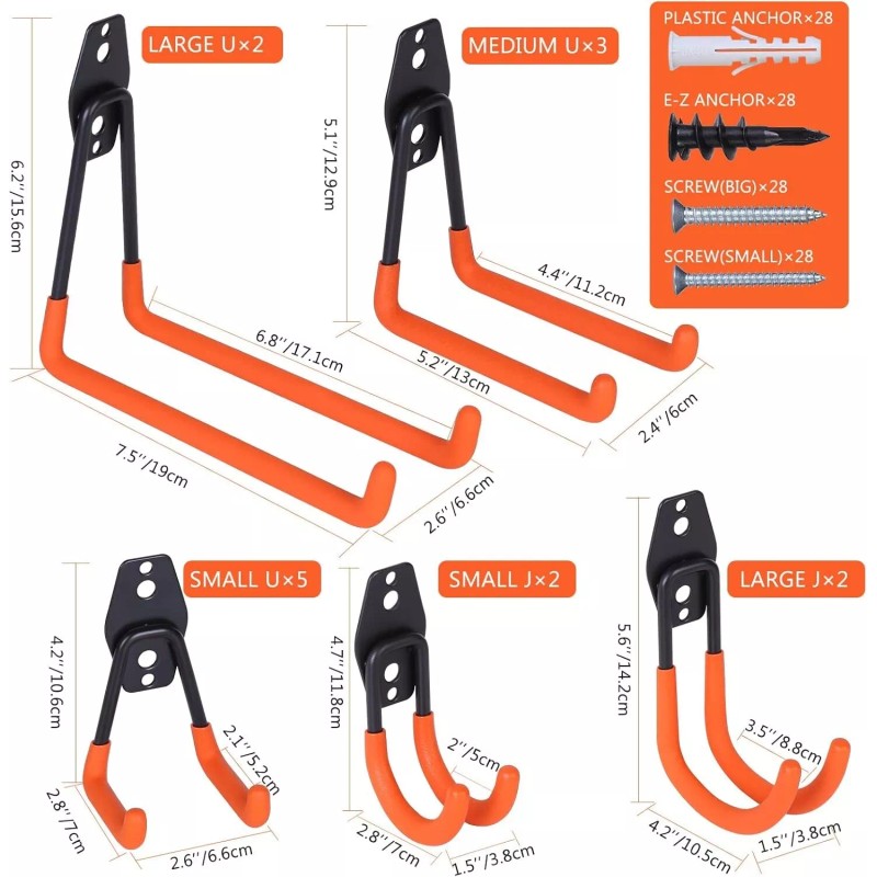 NOONE Garage Hooks Heavy Duty 14 Pack Frosted Steel Storage