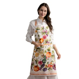 Maison d' Hermine Apron for women with Pocket 100% Cotton 27.50"x31.50" 1 Piece Adjustable Neck Strap & long ties Apron Men, Chef, Wedding, Cooking, Gardening, Waitress (Pumpkin Garden - Cloudy Cream)