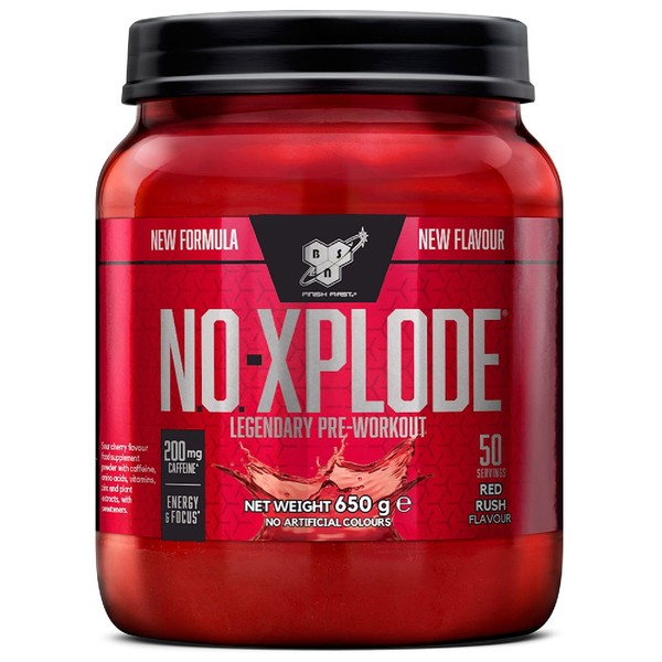 BSN Nutrition N.O.-Xplode Pre Workout Powder Food Supplement, Energy and Focus Booster with Caffeine, Amino Acids, Vitamin C and Zinc, Red Rush Flavour, 50 Servings, 650 g
