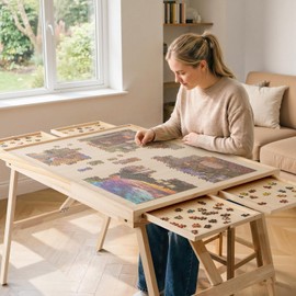 TEAKMAMA 27.6" H Tall 1500 Piece Puzzle Table with Legs, 4 Drawers, 34.3" W x 26.5" D Large Wood Folding Jigsaw Puzzle Board with Cover for Adults, Nature