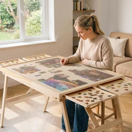 TEAKMAMA 27.6" H Tall 1500 Piece Puzzle Table with Legs, 4 Drawers, 34.3" W x 26.5" D Large Wood Folding Jigsaw Puzzle Board with Cover for Adults, Nature
