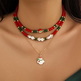 Layered Christmas Beaded Necklaces for Women Christmas Choker Necklace Christmas Tree Santa Claus Snowflakes Pendant Necklace Xmas Holiday Jewelry Gifts