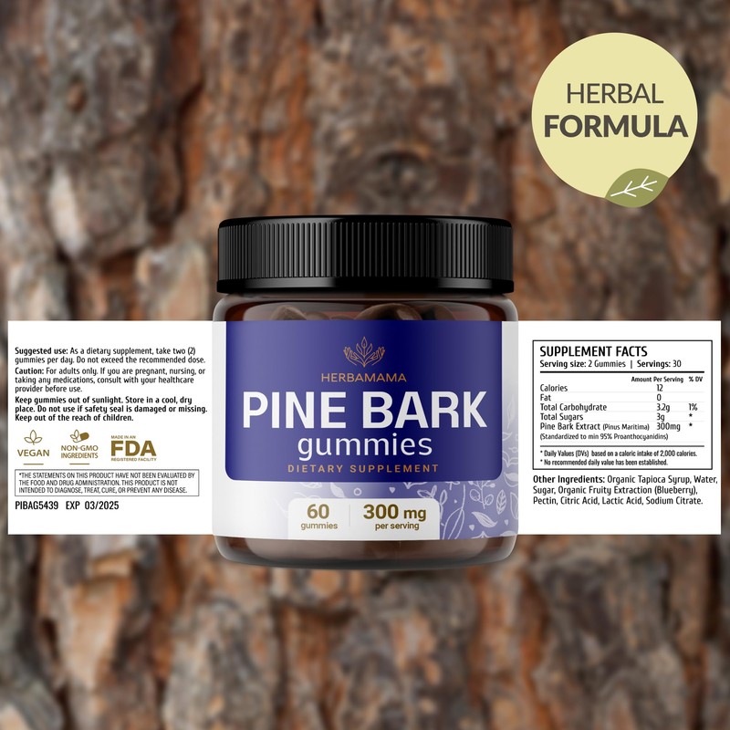 HERBAMAMA Pine Bark Extract Gummies - 300mg French Maritime Pine