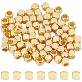 CREATCABIN 100Pcs Real 18K Gold Plated Brass Beads Cube Spacer Beads Square Smooth Beads Gold Stackable Metal Mini Beads Cornerless Beads for Summer Hawaii Bracelet Necklace DIY Jewelry Making 4mm