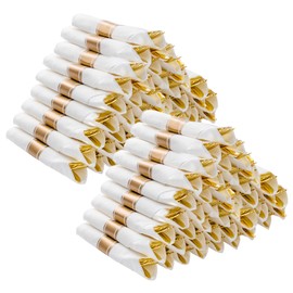 BESTVIP 100 Pack Pre Rolled Gold Plastic Silverware Set, Disposable Wrapped Cutlery Set with 100 Napkins, 100 Knives, 100 Forks and 100 Spoons for Party, Birthday
