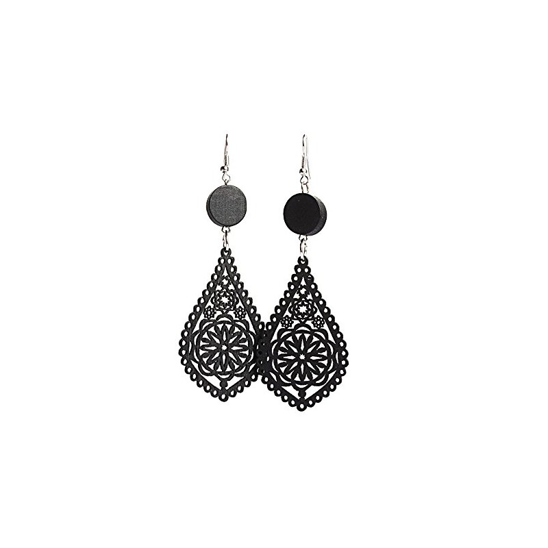 Black filigree teardrop artistic cut out design wooden dangle earrings