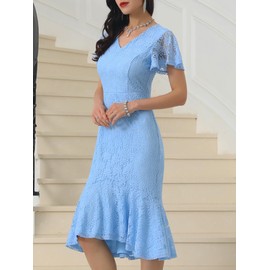 WOMLAYOUT Womens' Lace Floral Dresses Fishtail Formal Cocktail Short Sleeve Midi Dress Large Light Blue