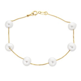 Bridal Tin Cup White Freshwater Cultured 7MM Pearl Chain Station Pearls Bracelet For Women Wedding Yellow Gold Plated .925 Sterling Silver 7 Inch