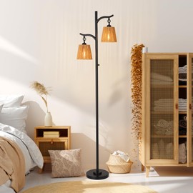 9MMML Rattan Floor Lamp for Living Room, Boho Floor Lamp with 2 Hanging Wicker Lamp Shade, 67'' Farmhouse Dimmable Black Standing Lamp with Rotary Switch for Bedroom, 2 x 800LM LED Bulbs Included