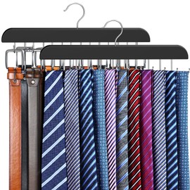 2 Pack Tie Rack & Belt Hanger 2 in 1 Tie Hanger Space Saving Max 42 Belts& 60 Ties Capacity for Closet Organizers and Storage, Sturdy Wood Belt & Tie Collection Organizer