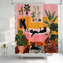 Funny Cat Shower Curtain‌, ‌Cute Humorous Black Cat Matisse Shower Curtains for Bathroom‌, ‌Fun Animal Kitten Green Tropical Plant Pink Orange Decor Fabric Shower Curtain Sets 12 Hooks 72X72IN