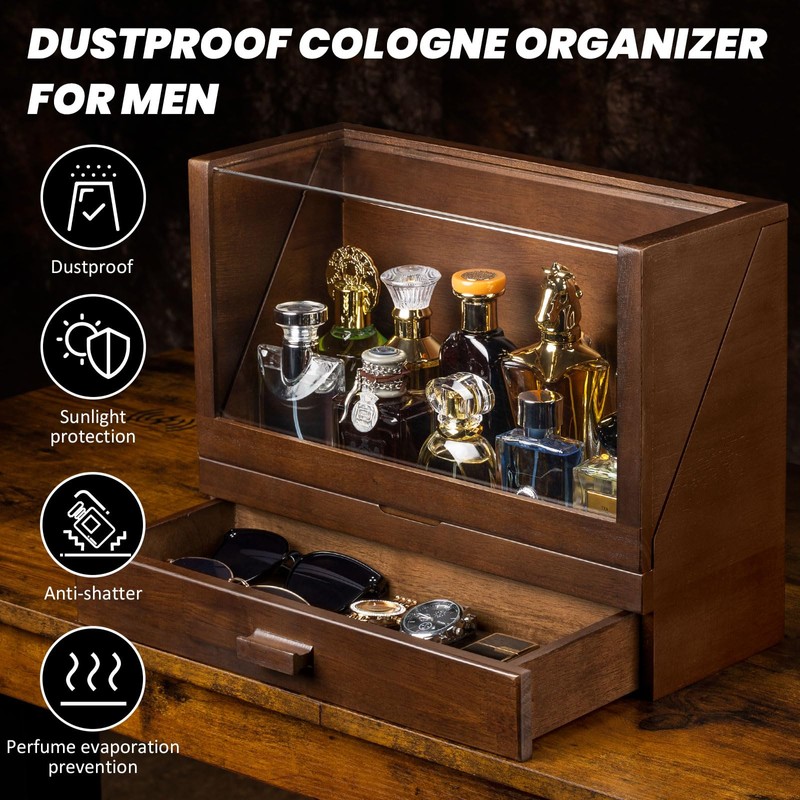 Miratino Cologne Organizer for Men, Wood Cologne Stand with Drawer,