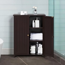 Yaheetech Bathroom Floor Cabinet, Modern Storage Freestanding Organizer Cabinet with Adjustable Shelves & Double Doors, 3-Tier Home Living Room Furniture, Espresso
