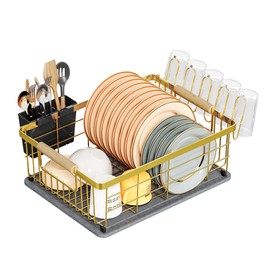 IBEDMAZIE Dish Drying Rack Gold with Diatomaceous Earth 1 Tier,Multifunctional Dish Racks for Kitchen Counter Quick-Drying,Large Capacity Space Saving with Cutlery Cups Holder